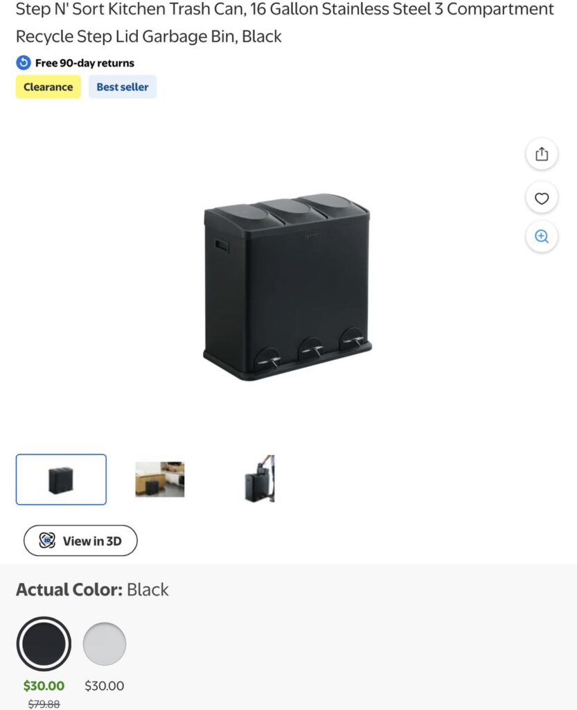 Step N’ Sort Kitchen Trash Can, 16 Gallon Stainless Steel 3 Compartment Recycle Step Lid Garbage Bin, Black