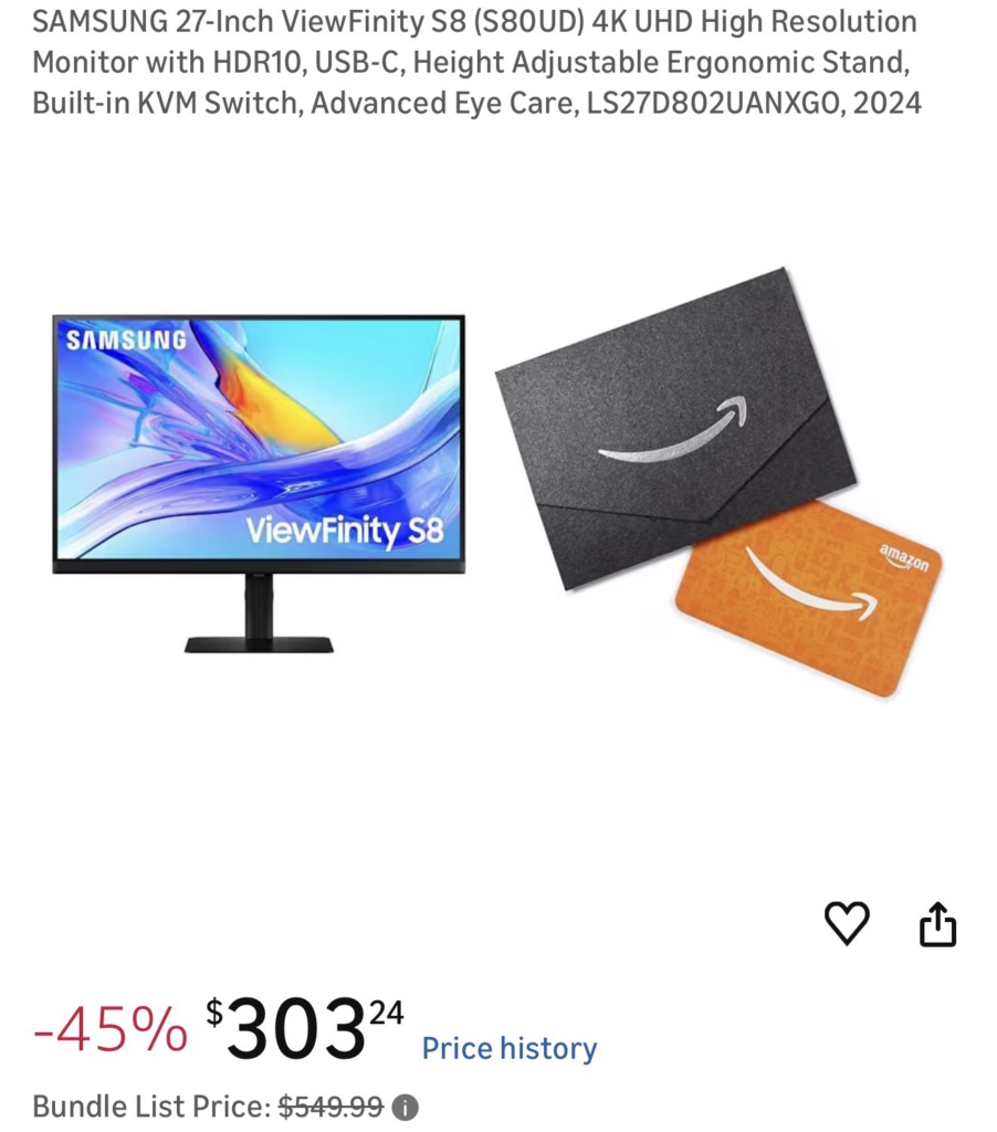 SAMSUNG 27-Inch ViewFinity S8 (S80UD) 4K UHD Monitor + $100 Amazon Gift Card